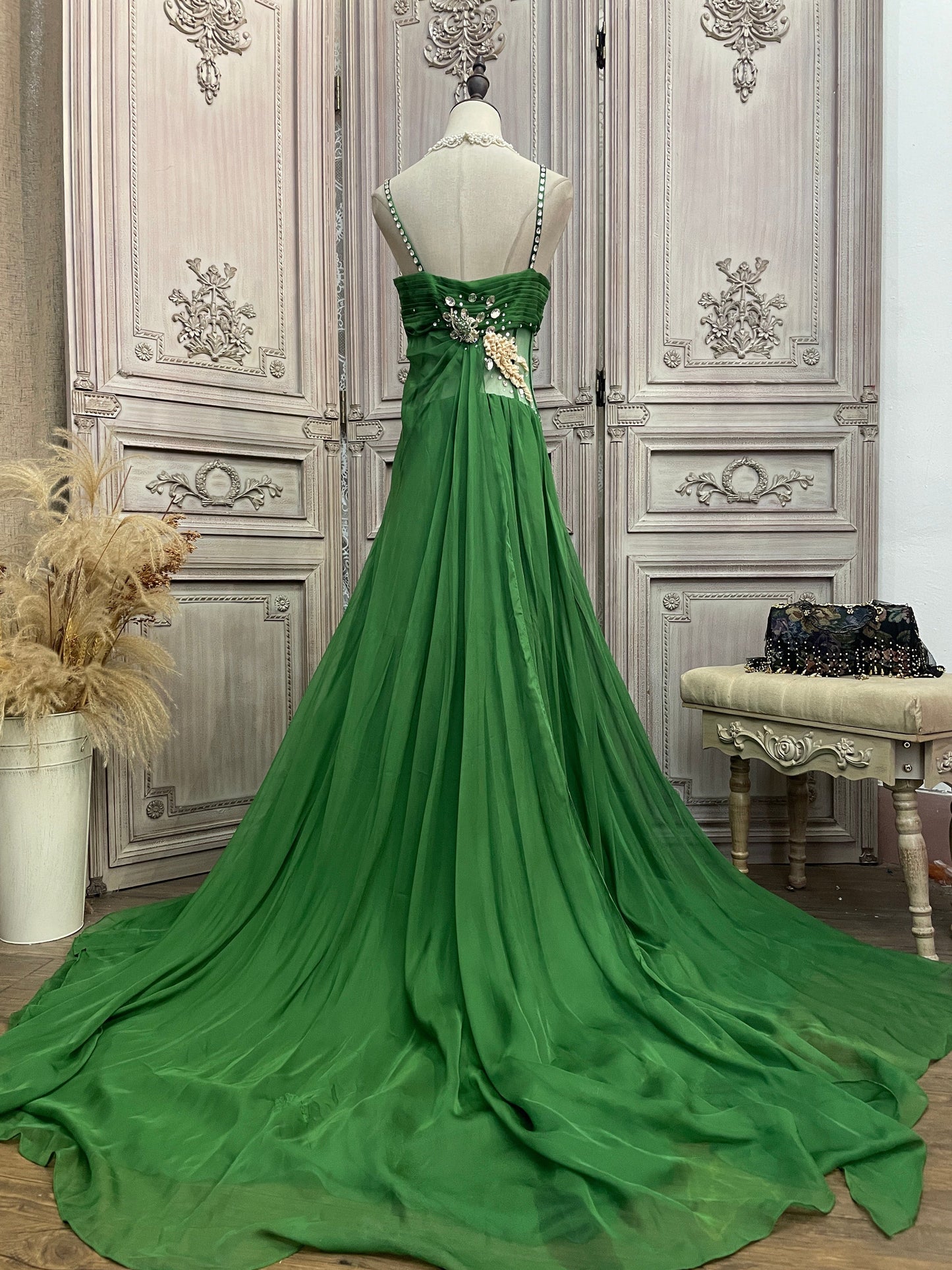 Gorgeous Green Spaghetti Strap Rhinestone Chiffon Train Prom Dress Evening Dress P4733