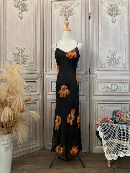 Vintage Elegant Print Spaghetti Strap V-Neck Chiffon Long Prom Dress Evening Dress P4734