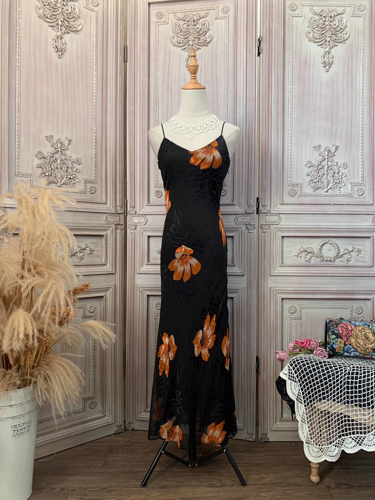 Vintage Elegant Print Spaghetti Strap V-Neck Chiffon Long Prom Dress Evening Dress P4734