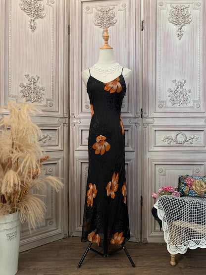 Vintage Elegant Print Spaghetti Strap V-Neck Chiffon Long Prom Dress Evening Dress P4734
