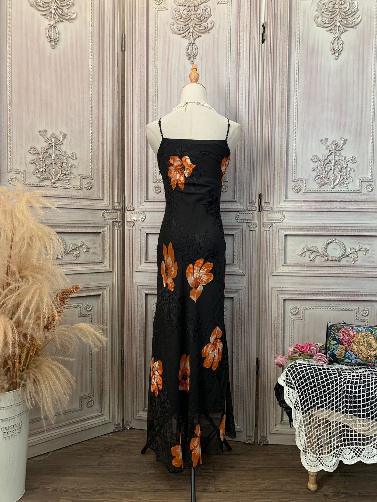 Vintage Elegant Print Spaghetti Strap V-Neck Chiffon Long Prom Dress Evening Dress P4734