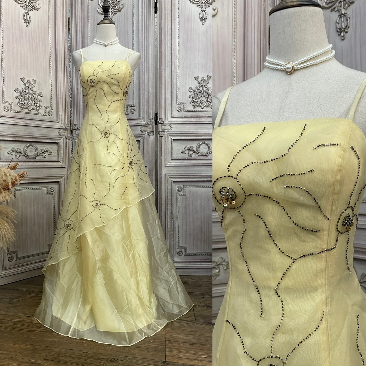 Cute Pale Yellow Spaghetti Strap Square Neck A-Line Beaded Organza Long Prom Dress Evening Dress P4735
