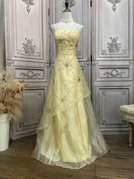 Cute Pale Yellow Spaghetti Strap Square Neck A-Line Beaded Organza Long Prom Dress Evening Dress P4735
