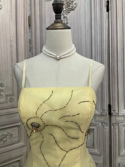 Cute Pale Yellow Spaghetti Strap Square Neck A-Line Beaded Organza Long Prom Dress Evening Dress P4735