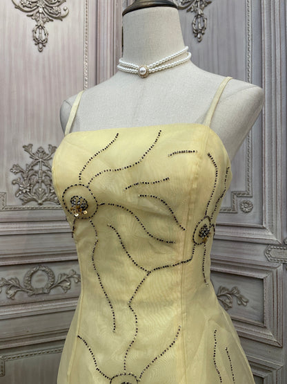 Cute Pale Yellow Spaghetti Strap Square Neck A-Line Beaded Organza Long Prom Dress Evening Dress P4735