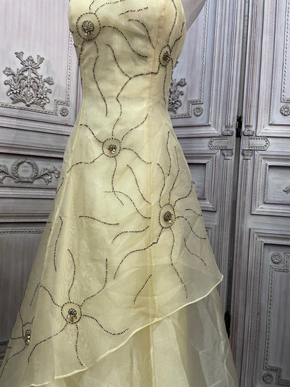 Cute Pale Yellow Spaghetti Strap Square Neck A-Line Beaded Organza Long Prom Dress Evening Dress P4735