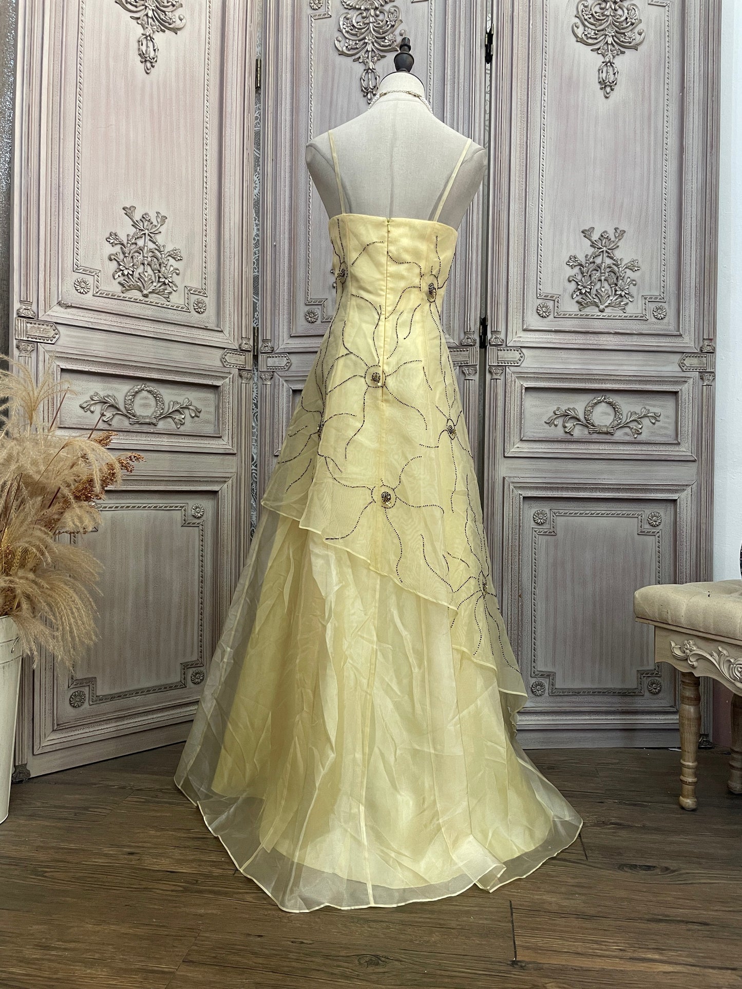 Cute Pale Yellow Spaghetti Strap Square Neck A-Line Beaded Organza Long Prom Dress Evening Dress P4735