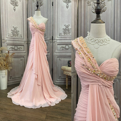 Elegant Pink One-Shoulder Pearl Twist Ruched Chiffon Train Prom Dress Evening Dress P4736
