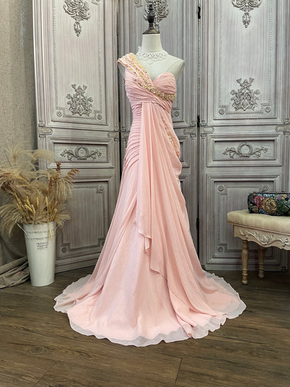 Elegant Pink One-Shoulder Pearl Twist Ruched Chiffon Train Prom Dress Evening Dress P4736