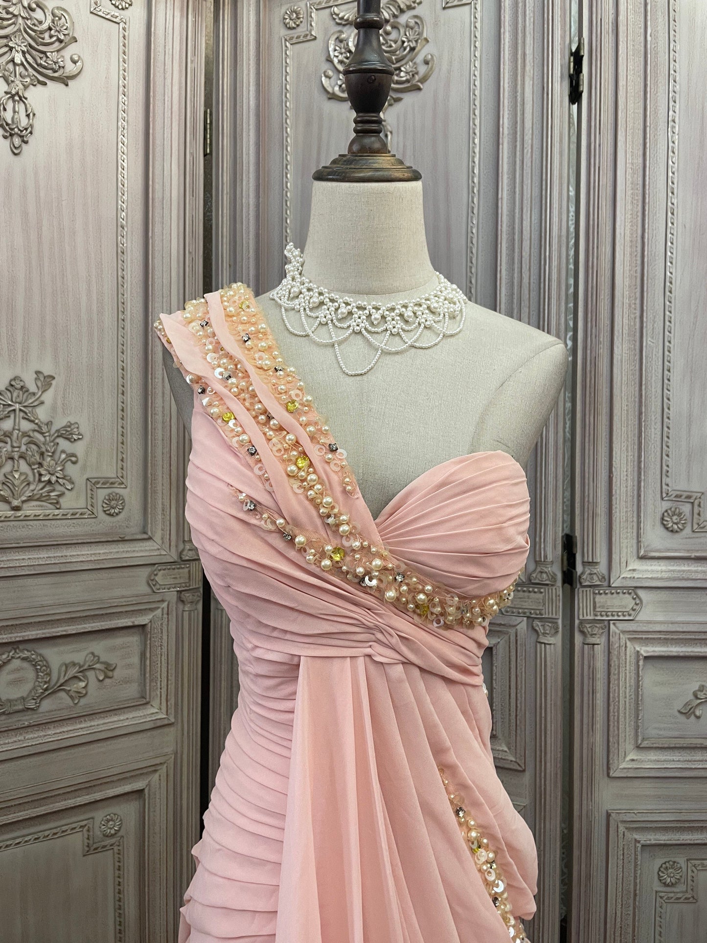 Elegant Pink One-Shoulder Pearl Twist Ruched Chiffon Train Prom Dress Evening Dress P4736
