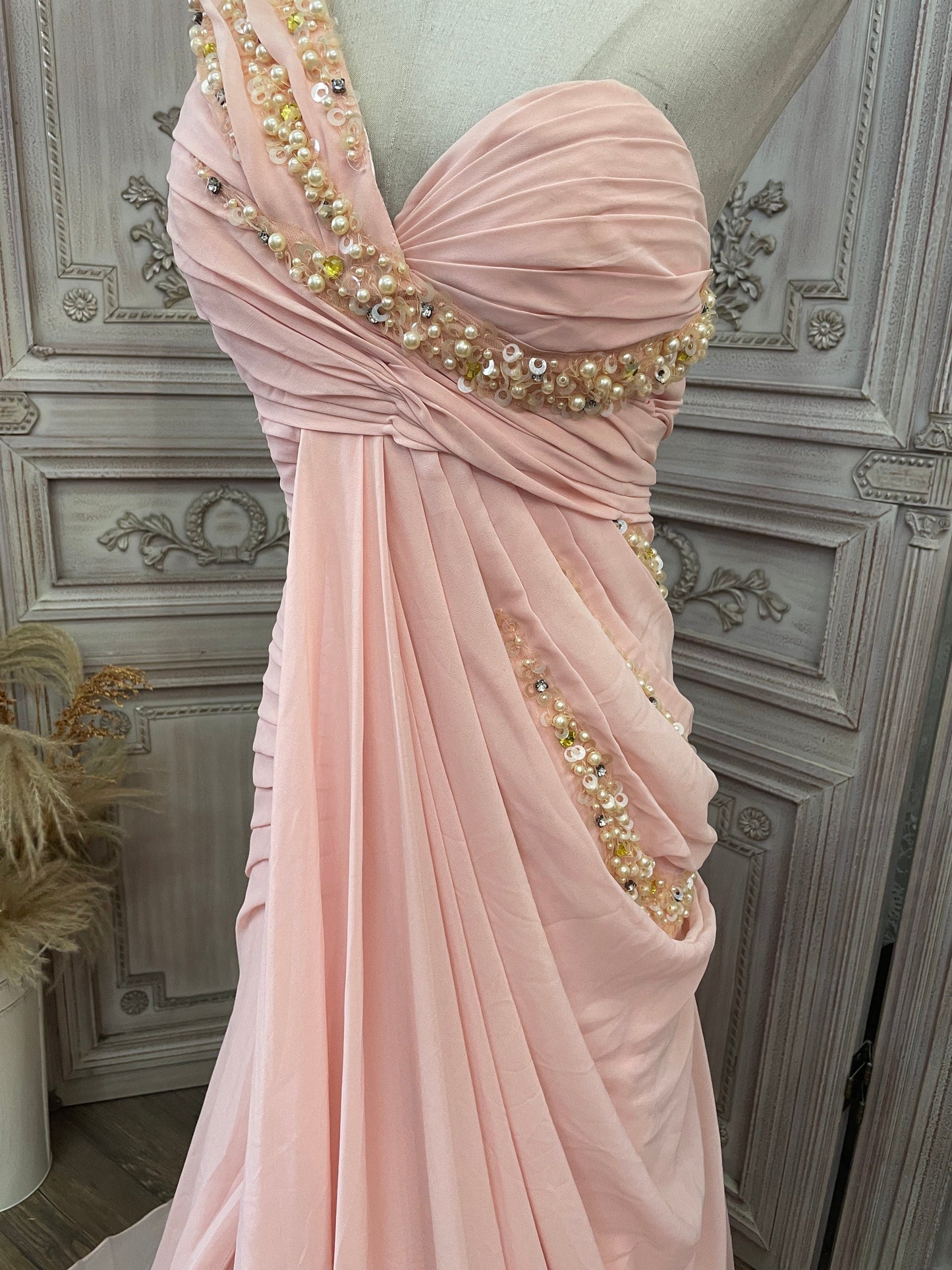 Elegant Pink One-Shoulder Pearl Twist Ruched Chiffon Train Prom Dress Evening Dress P4736