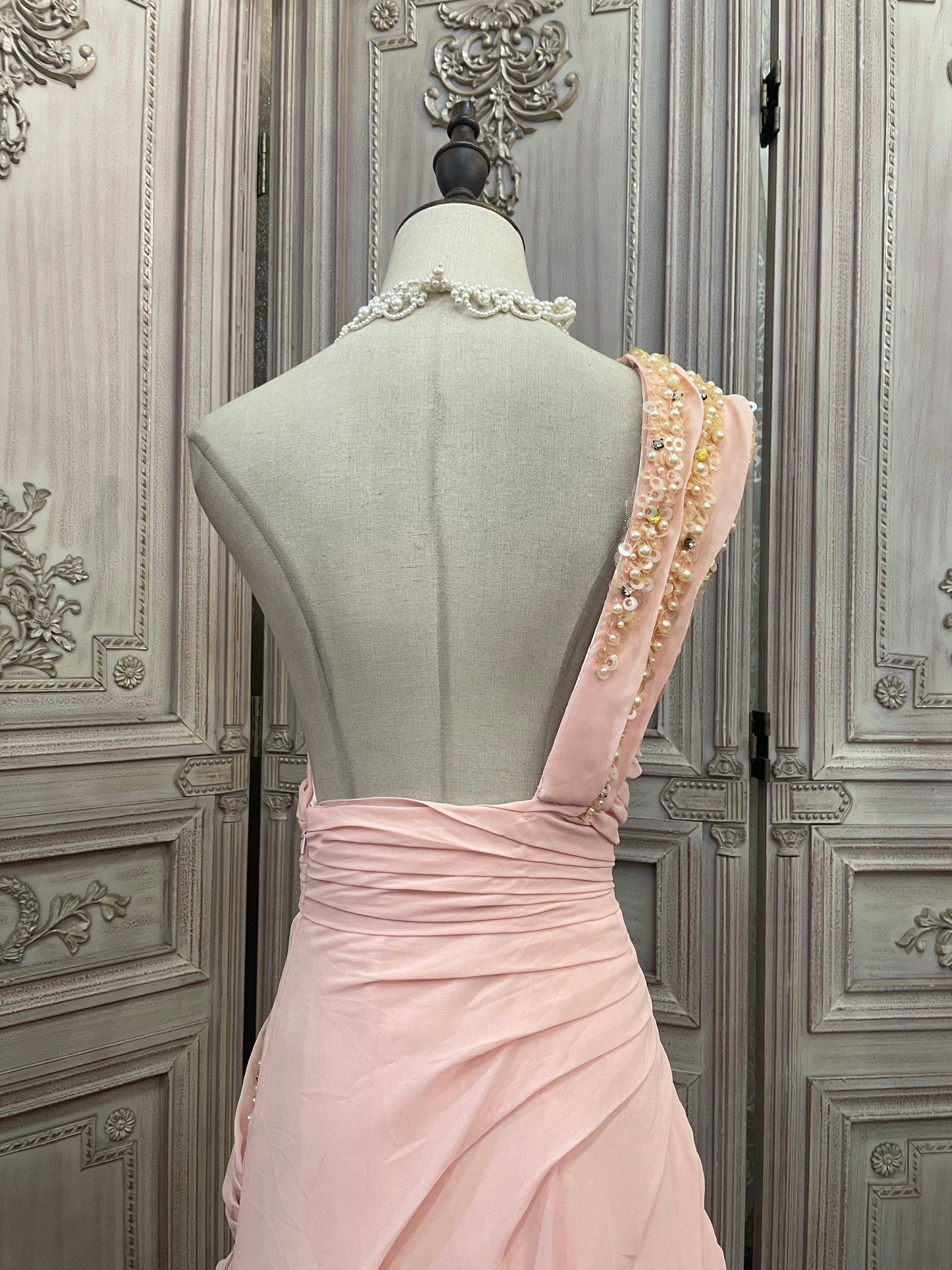 Elegant Pink One-Shoulder Pearl Twist Ruched Chiffon Train Prom Dress Evening Dress P4736