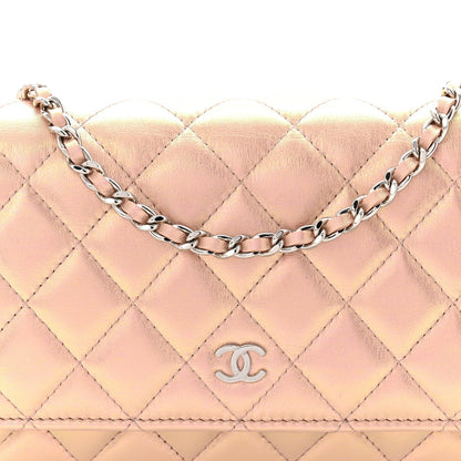Iridescent Calfskin Quilted Wallet On Chain WOC Pink