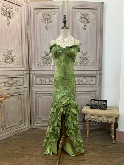 Vintage Green Mermaid Spaghetti Strap Sequin Beaded Layered Tulle Long Prom Dress Evening Dress P4738