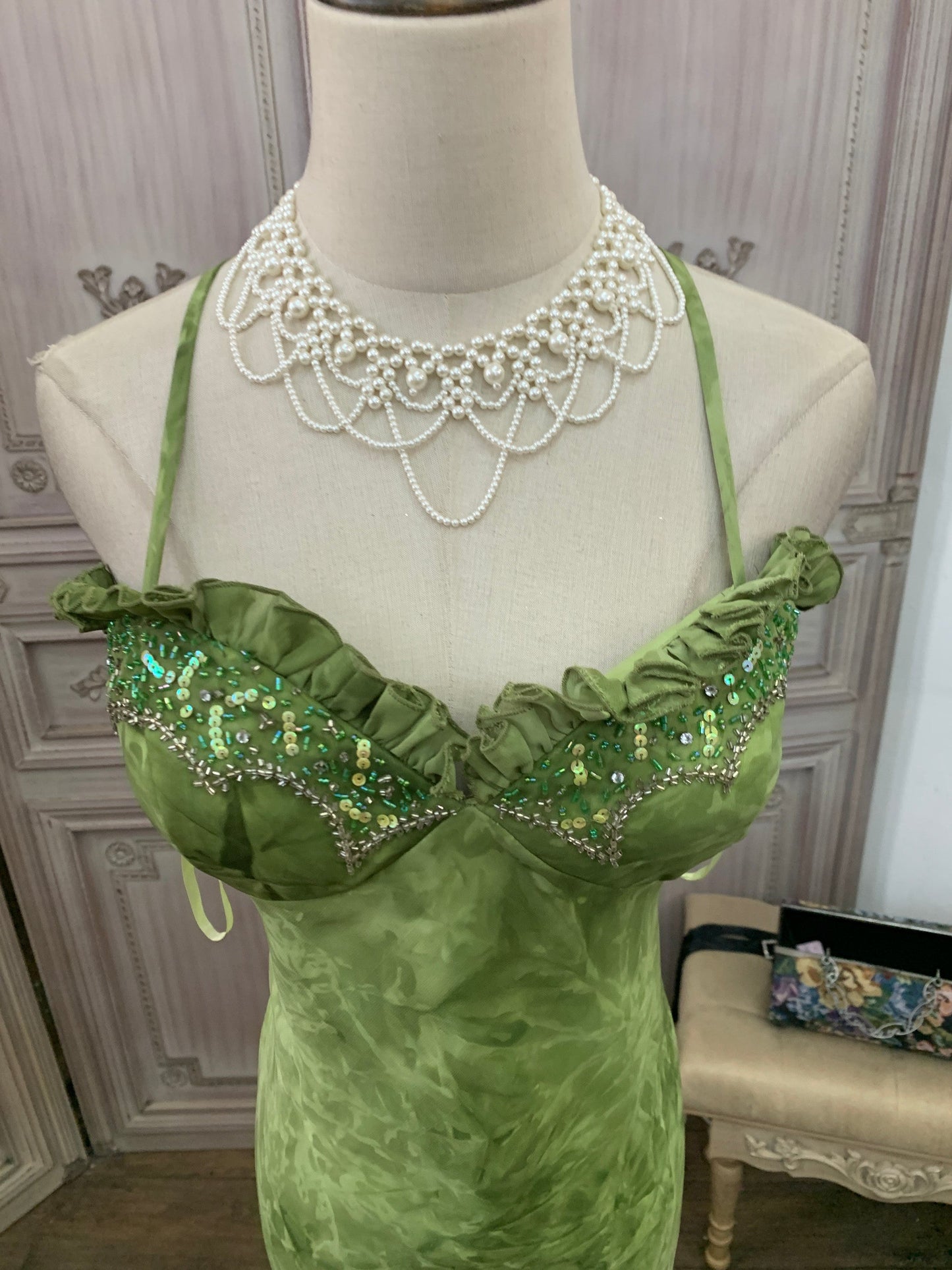 Vintage Green Mermaid Spaghetti Strap Sequin Beaded Layered Tulle Long Prom Dress Evening Dress P4738