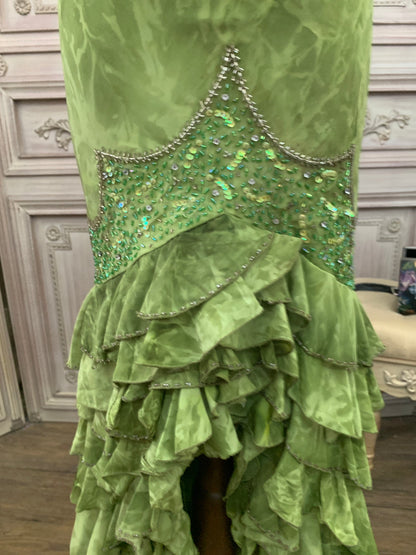 Vintage Green Mermaid Spaghetti Strap Sequin Beaded Layered Tulle Long Prom Dress Evening Dress P4738