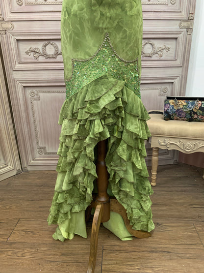 Vintage Green Mermaid Spaghetti Strap Sequin Beaded Layered Tulle Long Prom Dress Evening Dress P4738