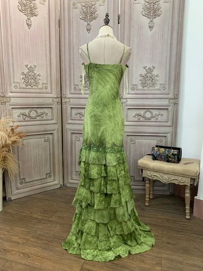 Vintage Green Mermaid Spaghetti Strap Sequin Beaded Layered Tulle Long Prom Dress Evening Dress P4738