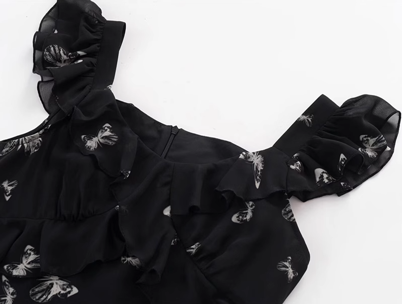 2025 Summer New Black Flying Sleeve Waisted Mid-Length Printed Fishtail Dress R0913