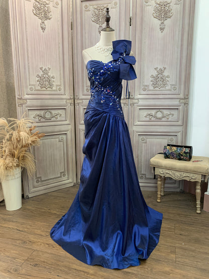 Gorgeous Navy Blue One-Shoulder Sweetheart Neck Sequin Beaded Satin Train Prom Dress Evening Dress P4739
