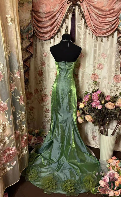 Vintage Green Strapless Satin Tulle Layered Ruffle Mermaid Long Prom Dress Evening Gown