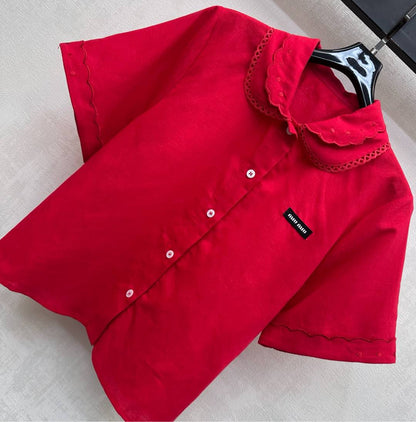 Miu SS26 Set Scalloped-Collar Shirt A-line Skirt Red Cotton Linen 351911