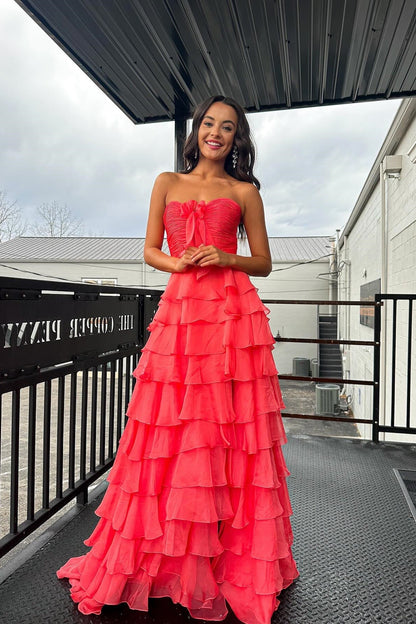 Cute Yellow Sweetheart Zipper Back A-Line Tiered Chiffon Prom Dress with Let Slit