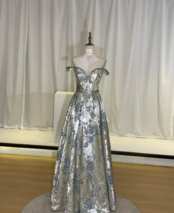 Vintage Luxury Silver Blue Jacquard Off-the-Shoulder Satin Long Prom Dress Evening Dress P4740