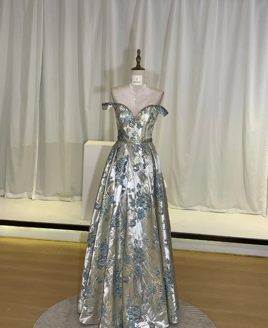 Vintage Luxury Silver Blue Jacquard Off-the-Shoulder Satin Long Prom Dress Evening Dress P4740