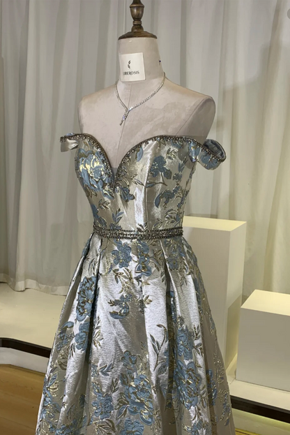 Vintage Luxury Silver Blue Jacquard Off-the-Shoulder Satin Long Prom Dress Evening Dress P4740