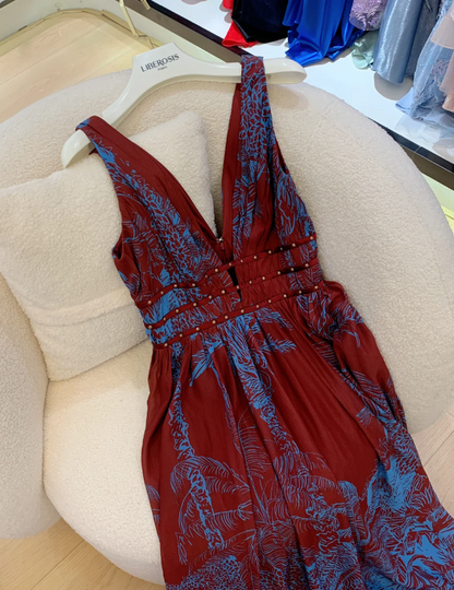 Vintage Burgundy Contrast Blue Printed V-Neck Sleeveless Chiffon Long Prom Dress Evening Dress P4741