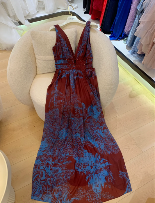 Vintage Burgundy Contrast Blue Printed V-Neck Sleeveless Chiffon Long Prom Dress Evening Dress P4741