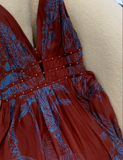 Vintage Burgundy Contrast Blue Printed V-Neck Sleeveless Chiffon Long Prom Dress Evening Dress P4741