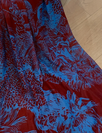 Vintage Burgundy Contrast Blue Printed V-Neck Sleeveless Chiffon Long Prom Dress Evening Dress P4741