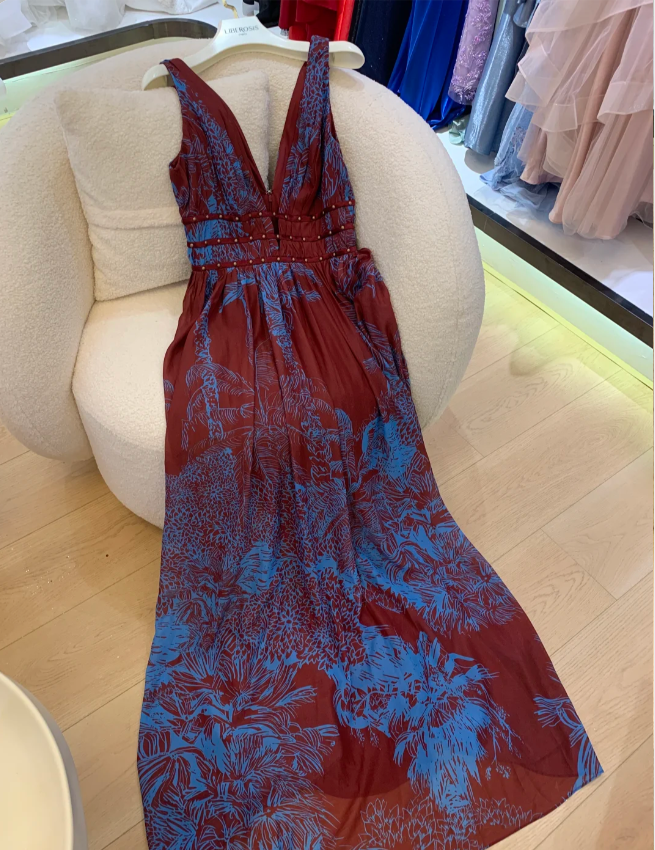 Vintage Burgundy Contrast Blue Printed V-Neck Sleeveless Chiffon Long Prom Dress Evening Dress P4741