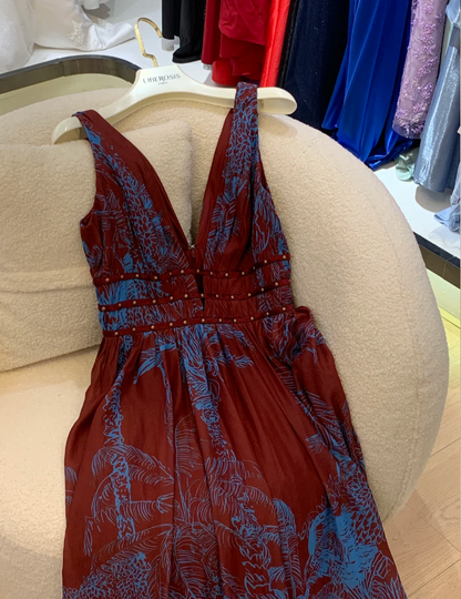 Vintage Burgundy Contrast Blue Printed V-Neck Sleeveless Chiffon Long Prom Dress Evening Dress P4741