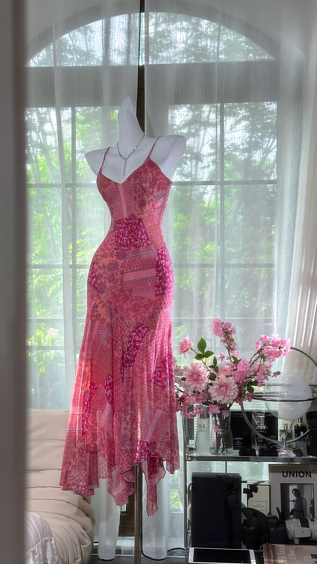 Retro Pink V-neck Floral Elegant Chiffon Evening Dress Prom Dresses TP4145