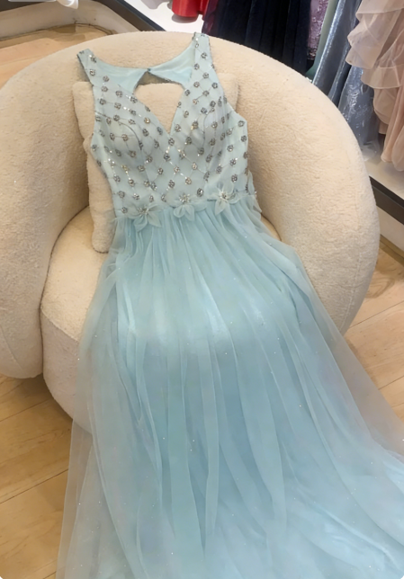 Dreamy Light Blue V-Neck Sequin Beaded Tulle Long Prom Dress Evening Dress P4742