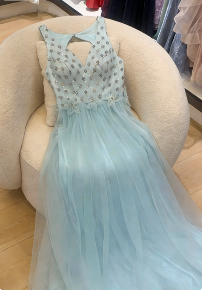 Dreamy Light Blue V-Neck Sequin Beaded Tulle Long Prom Dress Evening Dress P4742