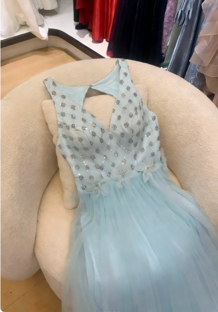 Dreamy Light Blue V-Neck Sequin Beaded Tulle Long Prom Dress Evening Dress P4742