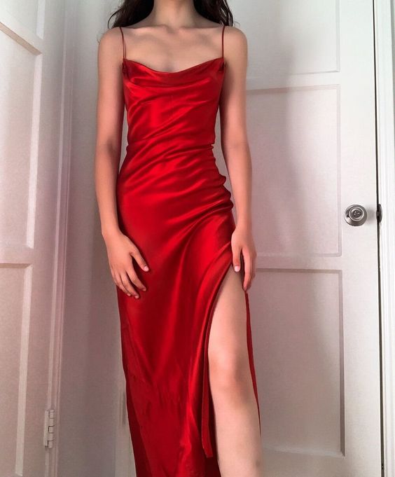 Red prom dress,spaghetti straps evening dresses     S2298