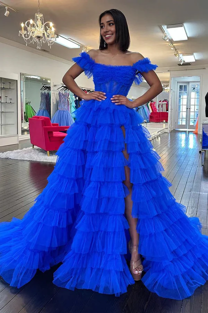 omberprom Royal Blue Off the Shoulder Evening Dress Ruffle Tiered Tulle Long Prom Dresses with Slit