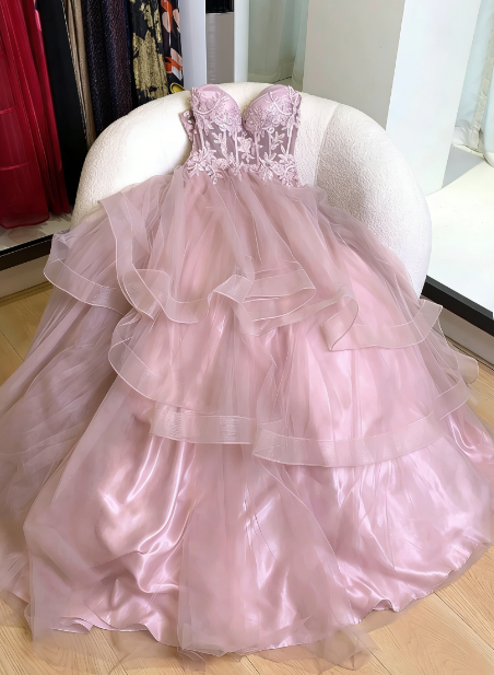 Dreamy Princess Pink A-Line Embroidered Layered Tulle Long Prom Dress Birthday Dress P4743