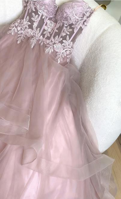 Dreamy Princess Pink A-Line Embroidered Layered Tulle Long Prom Dress Birthday Dress P4743