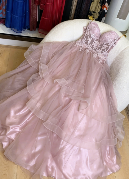 Dreamy Princess Pink A-Line Embroidered Layered Tulle Long Prom Dress Birthday Dress P4743