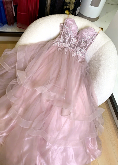Dreamy Princess Pink A-Line Embroidered Layered Tulle Long Prom Dress Birthday Dress P4743