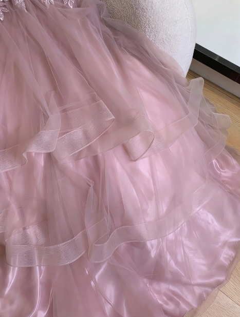 Dreamy Princess Pink A-Line Embroidered Layered Tulle Long Prom Dress Birthday Dress P4743