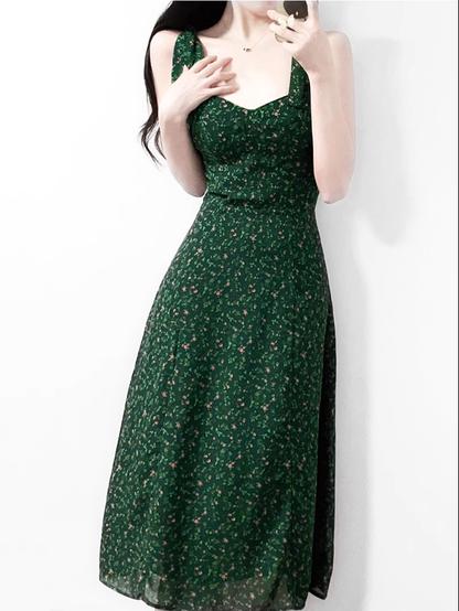 2025 Summer New Green Retro Platycodon Floral Waist Long Suspender Dress R0915