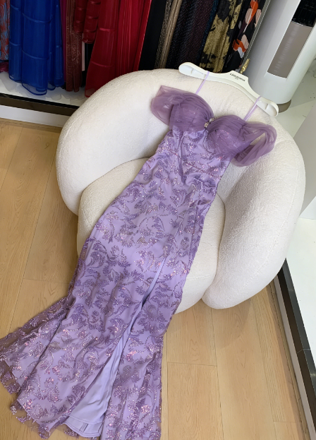 Charming Purple Mermaid Sequin Jacquard Satin Long Prom Dress Evening Dress P4744
