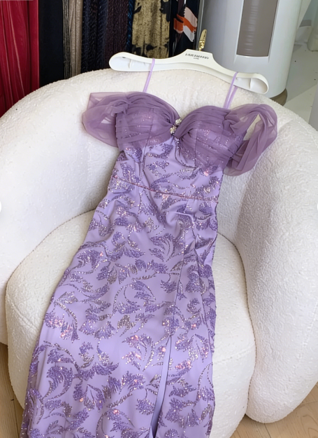 Charming Purple Mermaid Sequin Jacquard Satin Long Prom Dress Evening Dress P4744